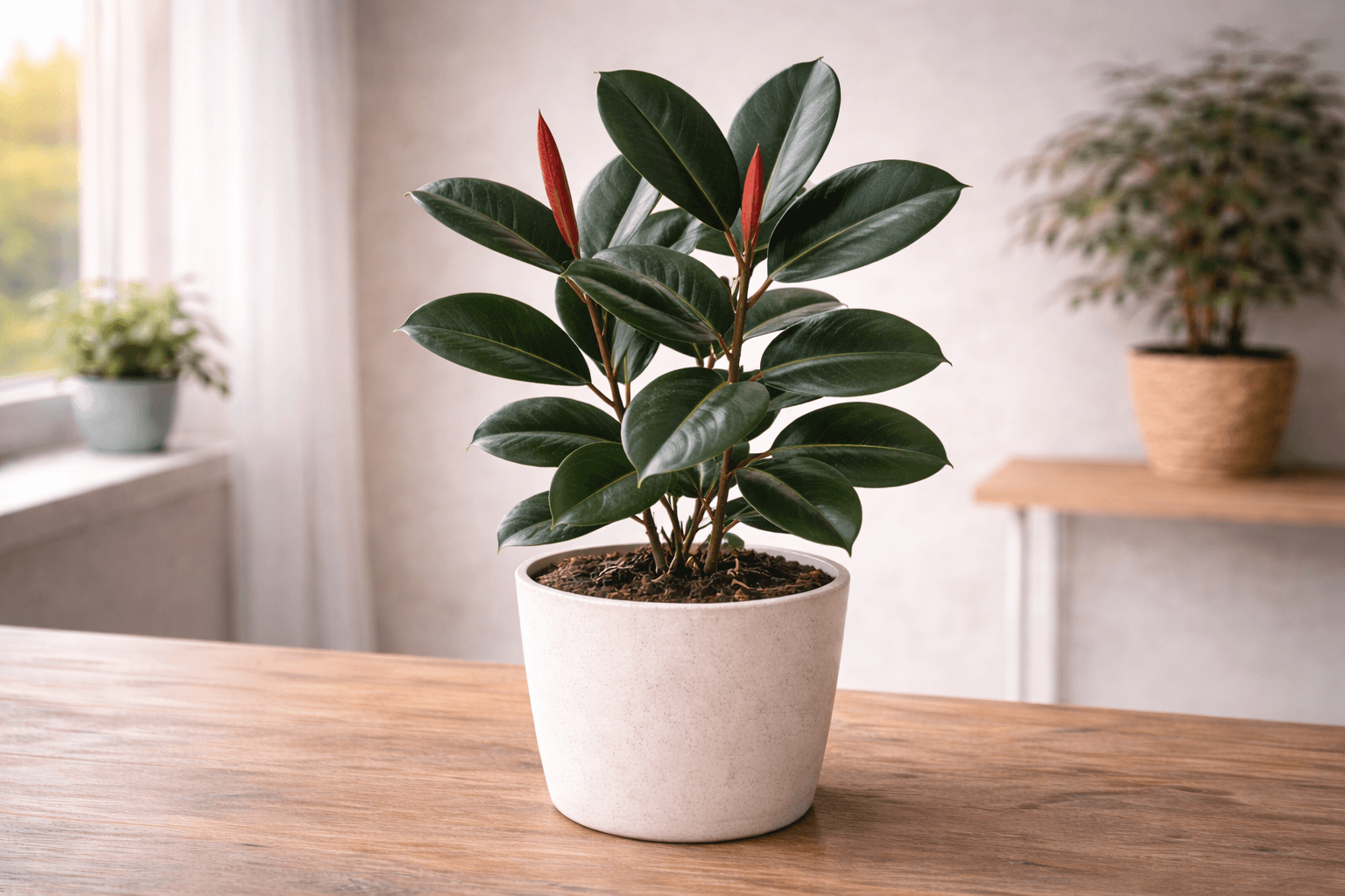Rubber plant with glossy dark green leaves in natural light