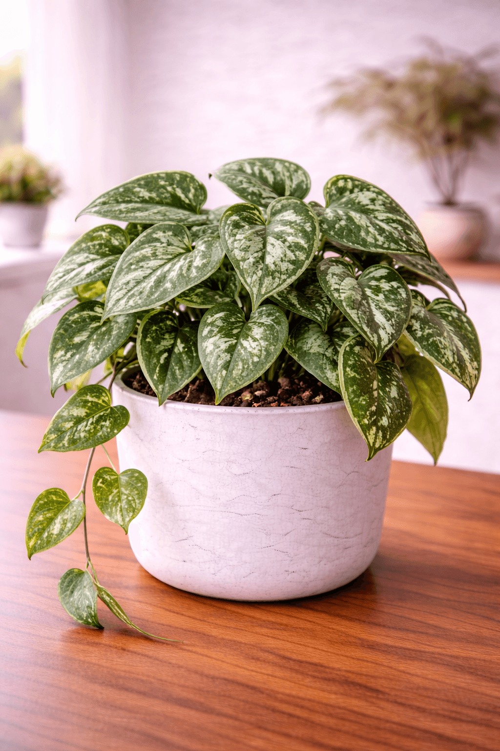 Satin Pothos (Scindapsus pictus) with velvety dark green leaves and silver spotted variegation