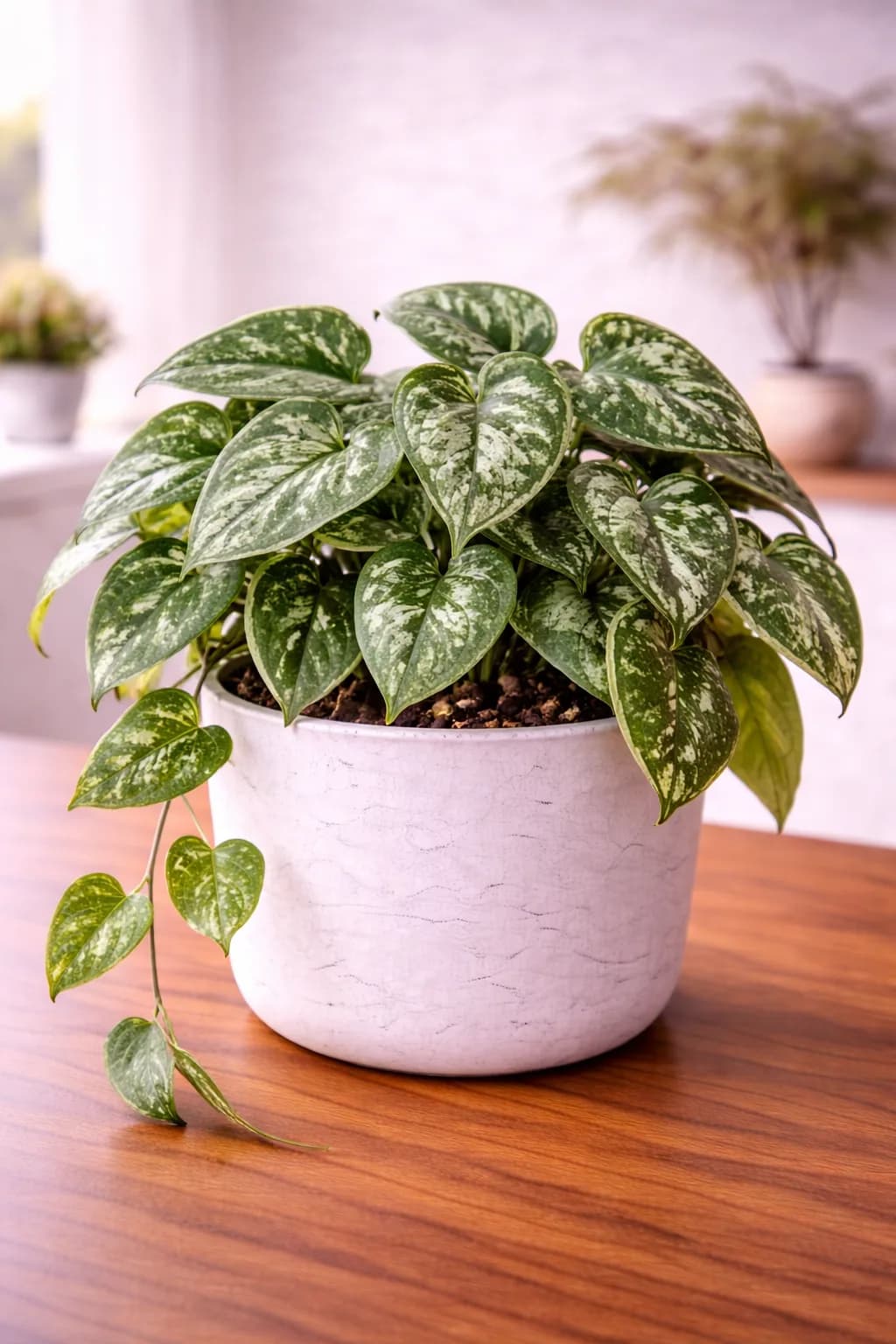 Satin Pothos (Scindapsus pictus) with velvety dark green leaves and silver spotted variegation