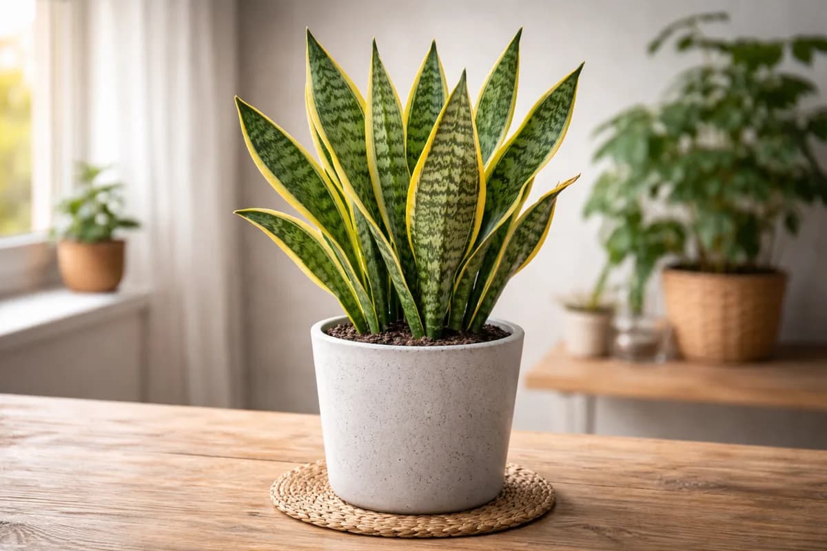 Tall snake plant with dark green and yellow-edged leaves in a terracotta pot
