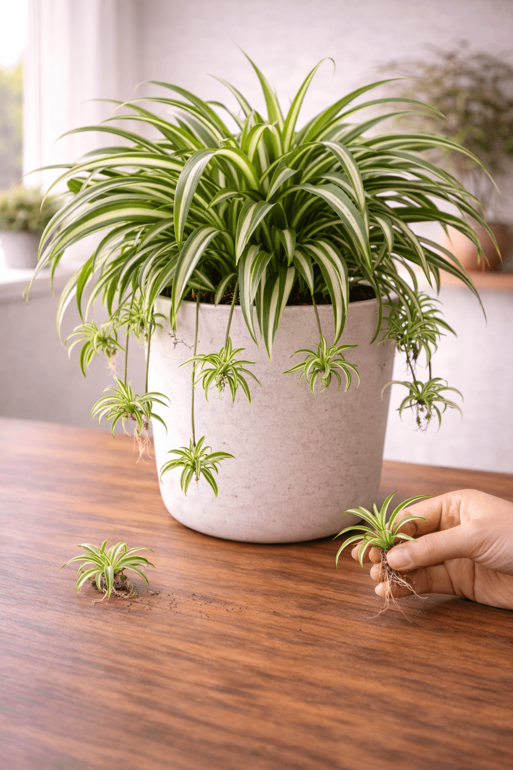 Spider plant with baby plantlets hanging from arching stems