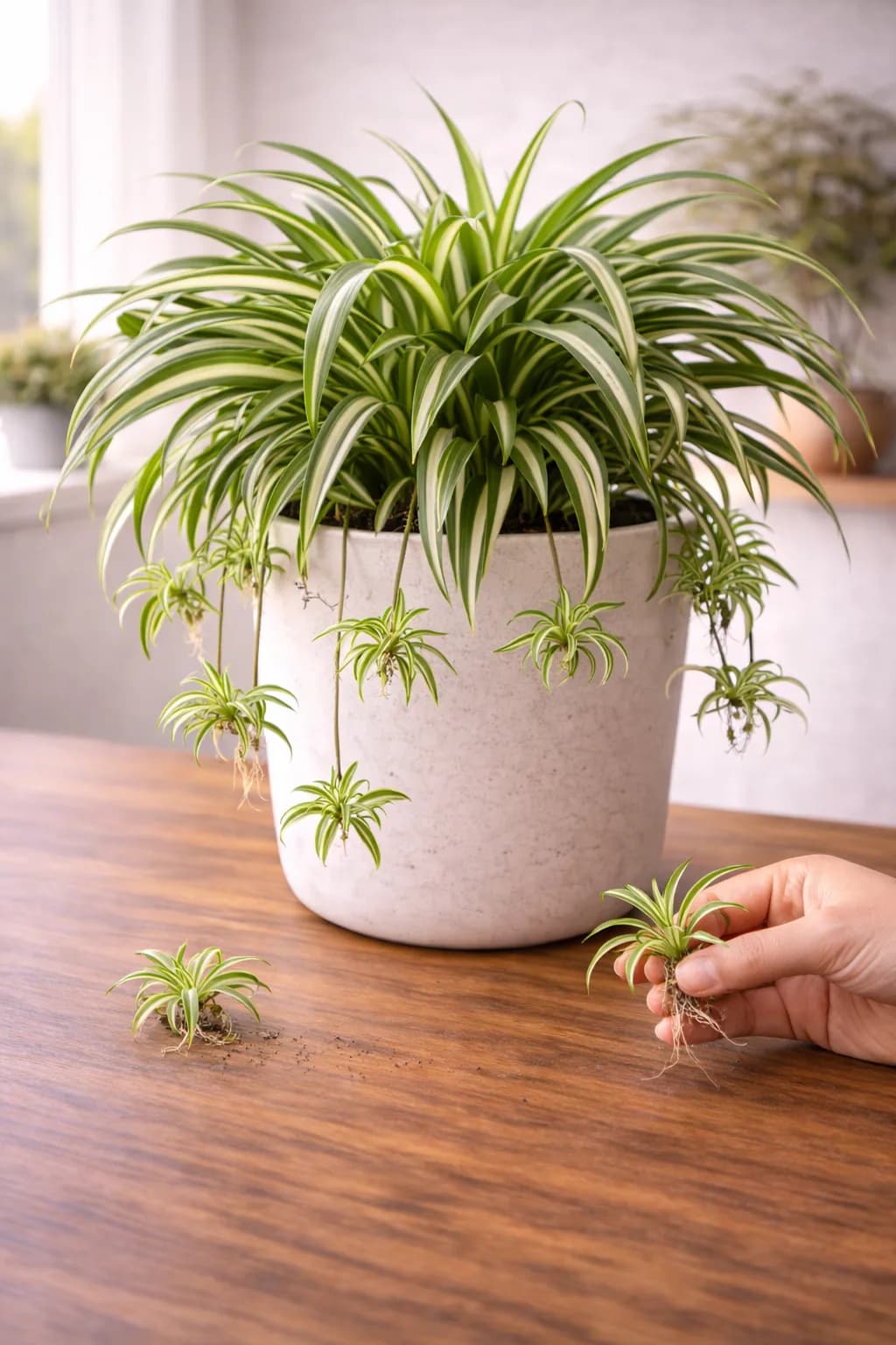 Spider plant with baby plantlets hanging from arching stems