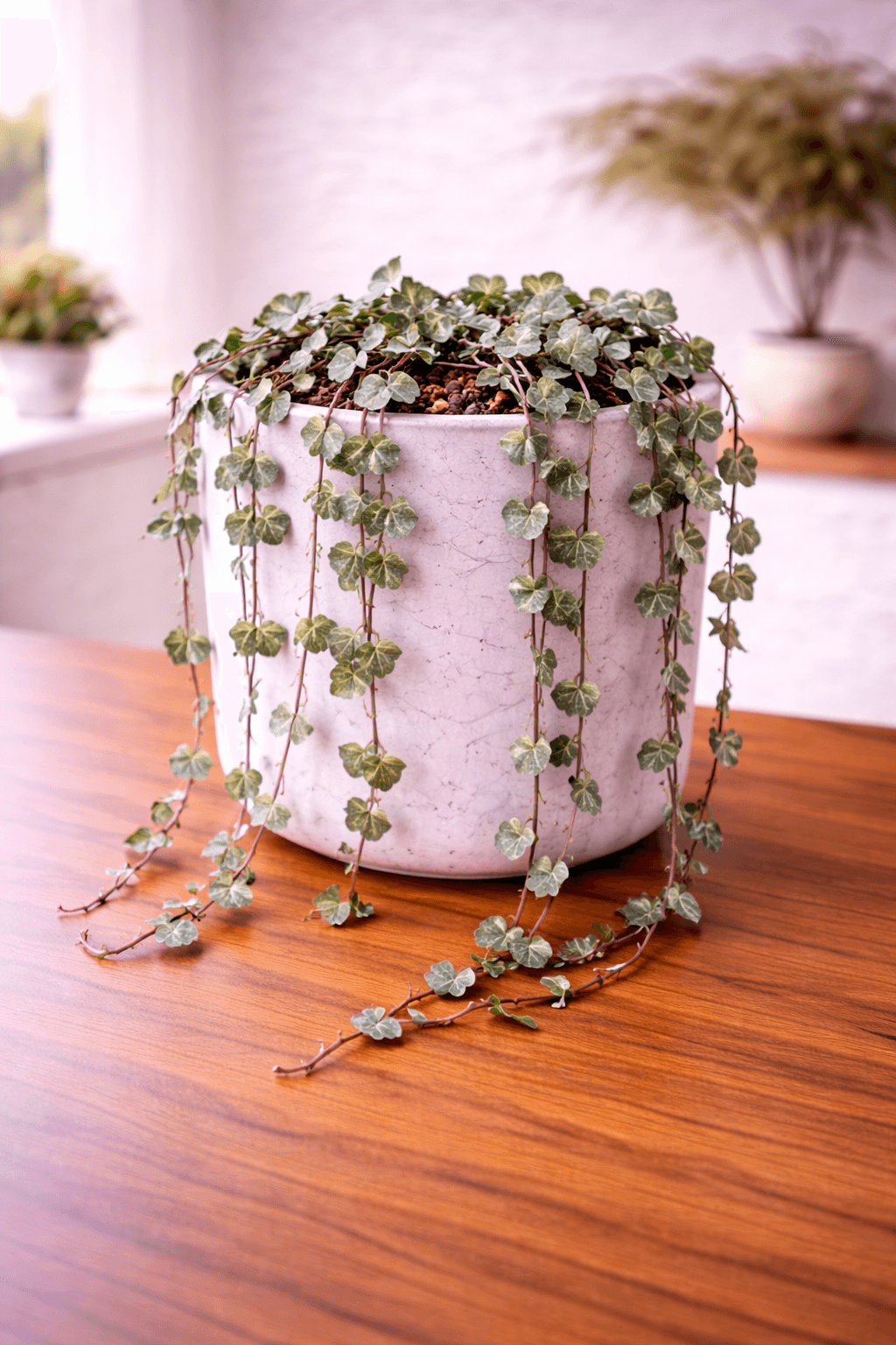 String of hearts trailing plant with heart-shaped leaves in a white pot