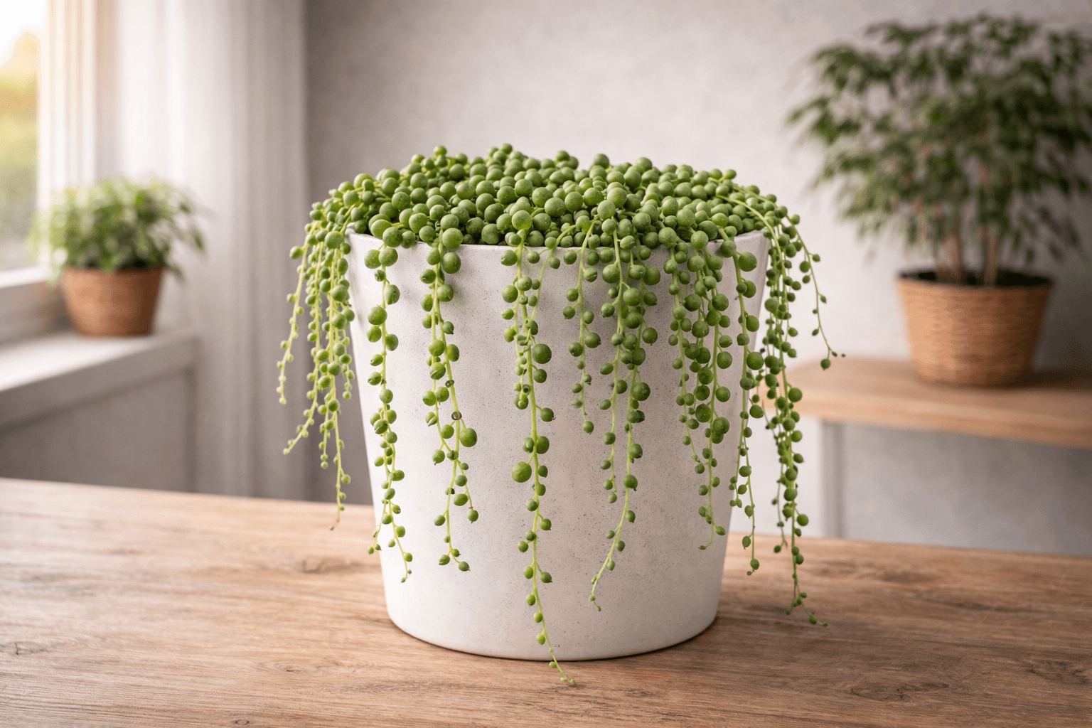 String of pearls succulent cascading from a hanging planter