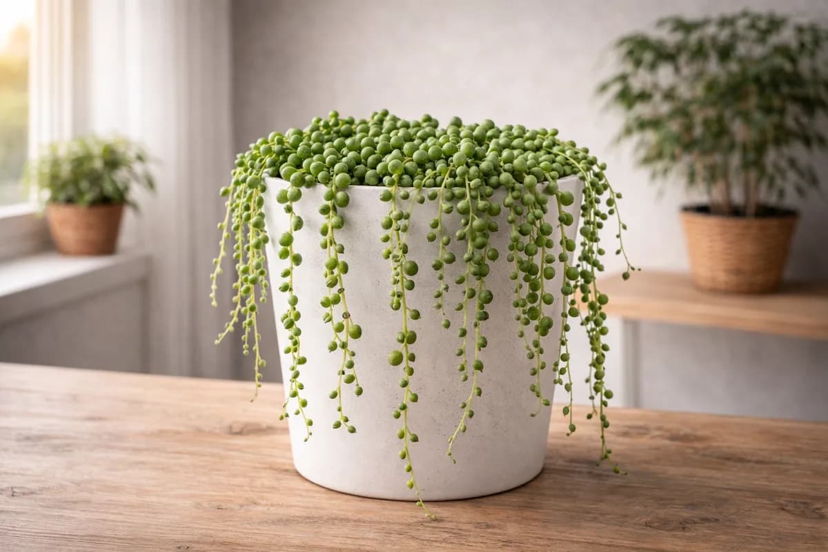 String of pearls succulent cascading from a hanging planter