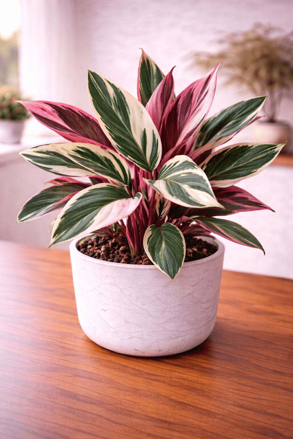 Stromanthe Triostar with pink, cream, and green variegated leaves and burgundy undersides