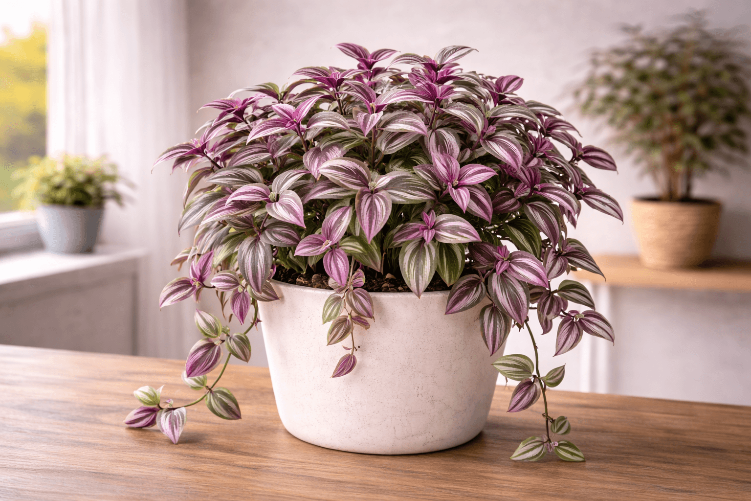 Lush wandering dude plant with purple and green leaves indoors
