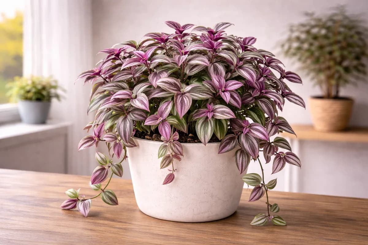 Lush wandering dude plant with purple and green leaves indoors
