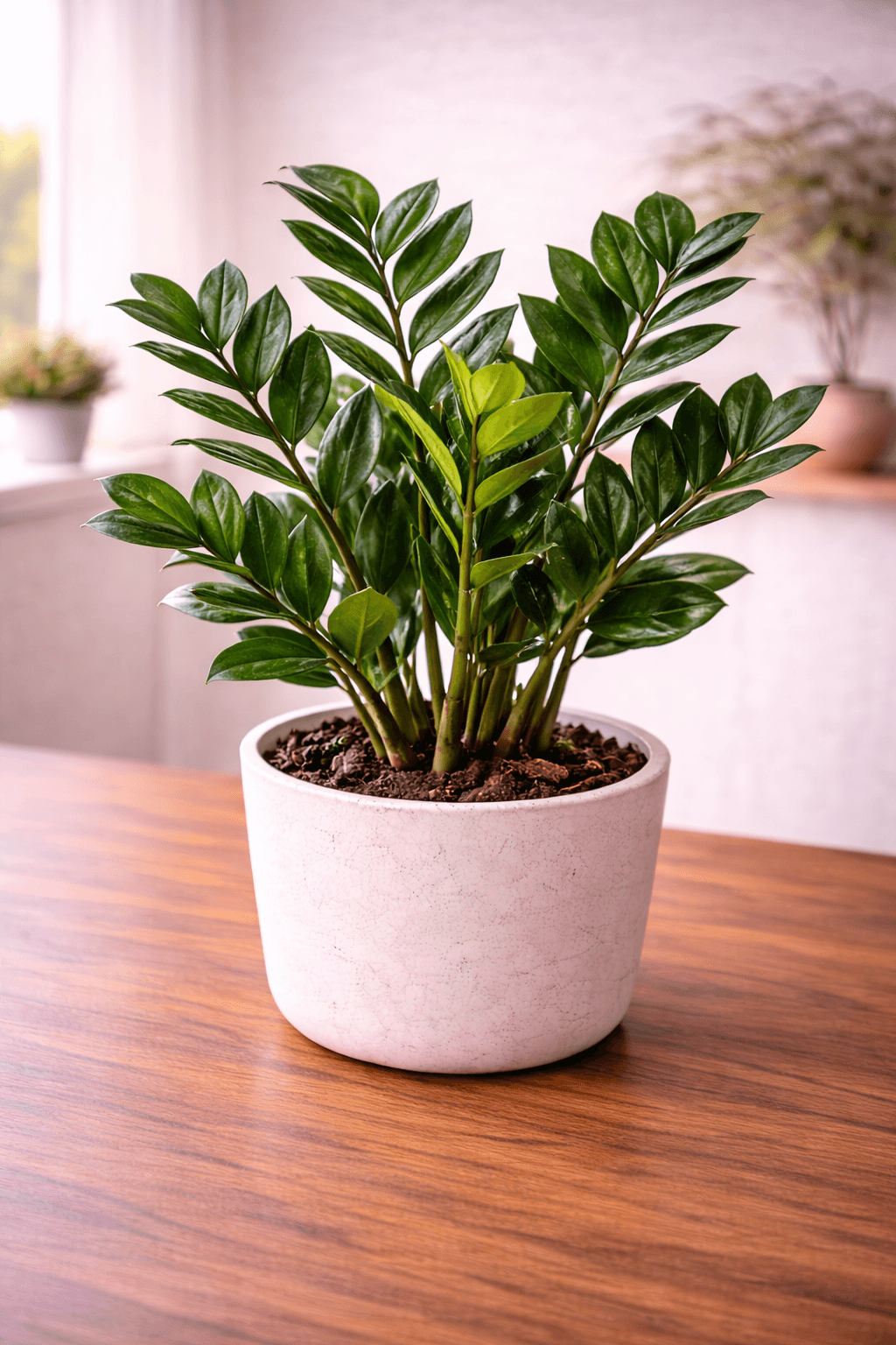 ZZ plant with glossy dark green leaves in a modern pot