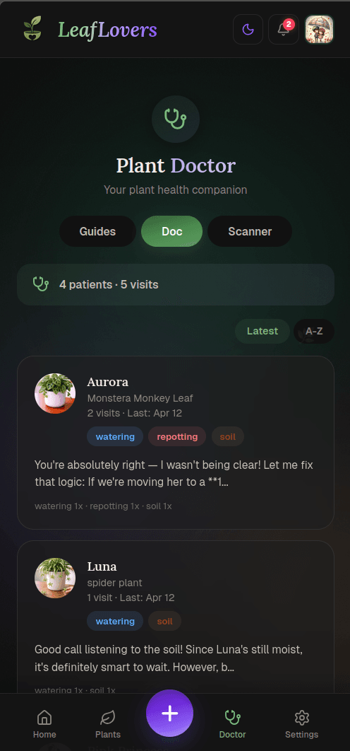 LeafLovers Plant Doctor in dark mode showing 4 patient files with conversation history for Aurora and Luna