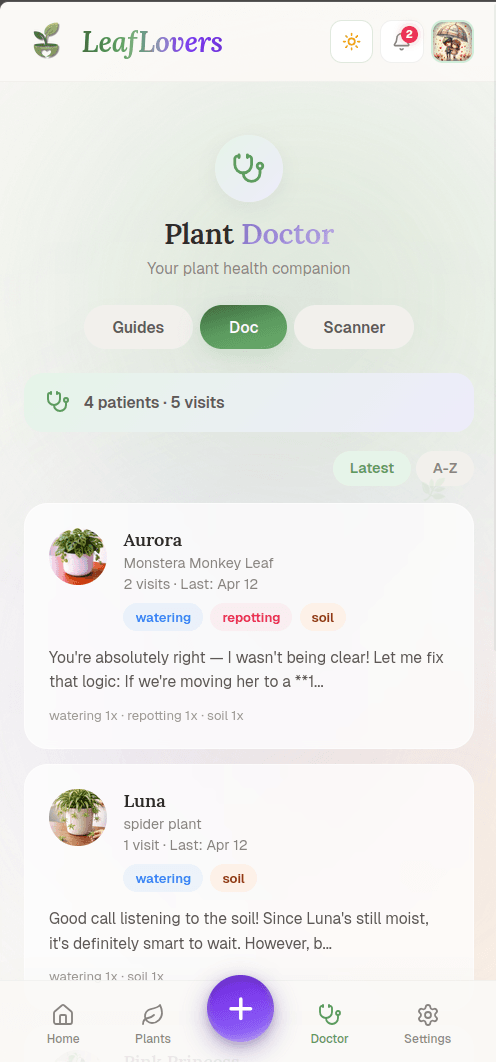 LeafLovers Plant Doctor showing 4 patient files with conversation history for Aurora and Luna