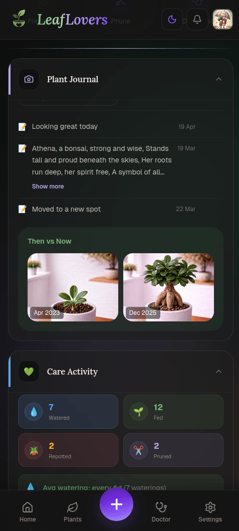 LeafLovers Plant Journal in dark mode showing growth notes, a poem about Athena the bonsai, and a Then vs Now photo comparison