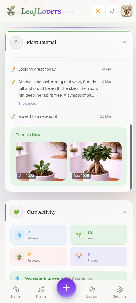 LeafLovers Plant Journal showing growth notes, a poem about Athena the bonsai, and a Then vs Now photo comparison