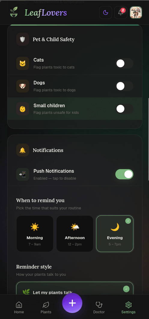 LeafLovers settings in dark mode showing Pet & Child Safety toggles for cats, dogs, and small children with toxic plant flagging