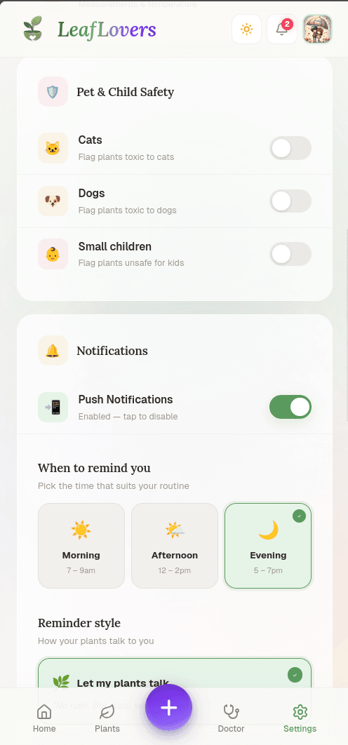 LeafLovers settings showing Pet & Child Safety toggles for cats, dogs, and small children with toxic plant flagging