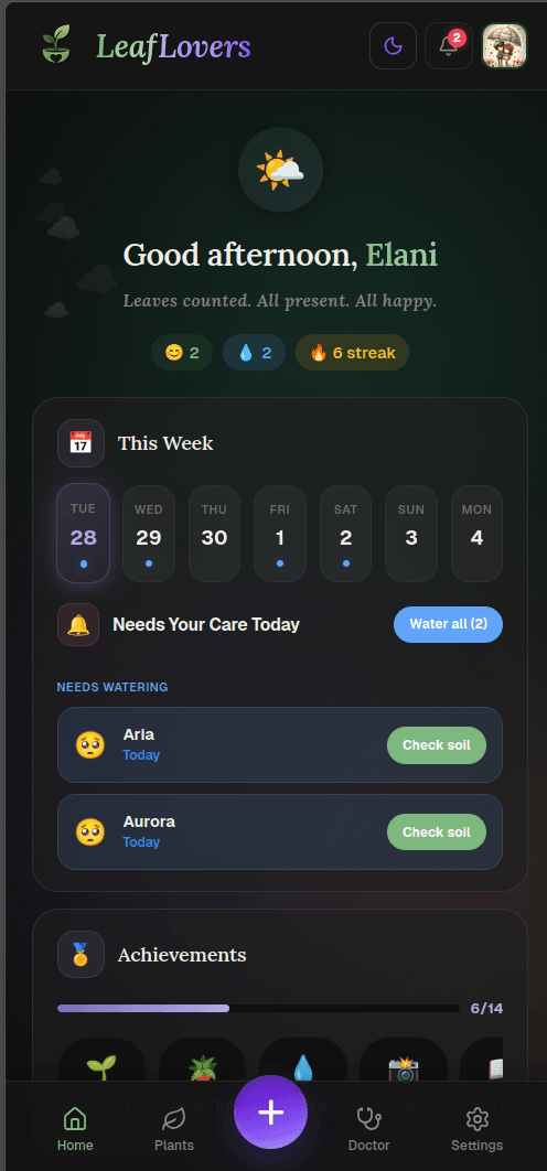 LeafLovers dashboard in dark mode showing weekly calendar, plants needing soil check, and 6-day care streak