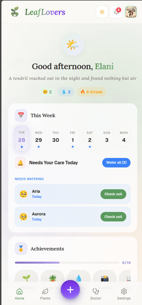 LeafLovers dashboard showing weekly calendar, plants needing soil check, and 6-day care streak